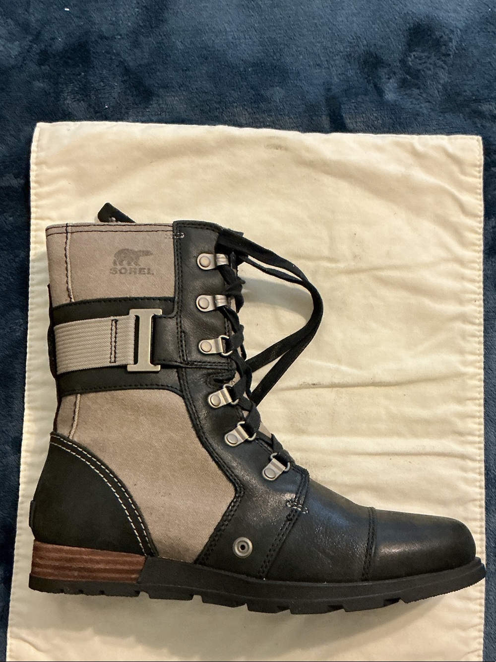 Sorel Black and Taupe Lace-Up Combat Boot with Buckle Accent